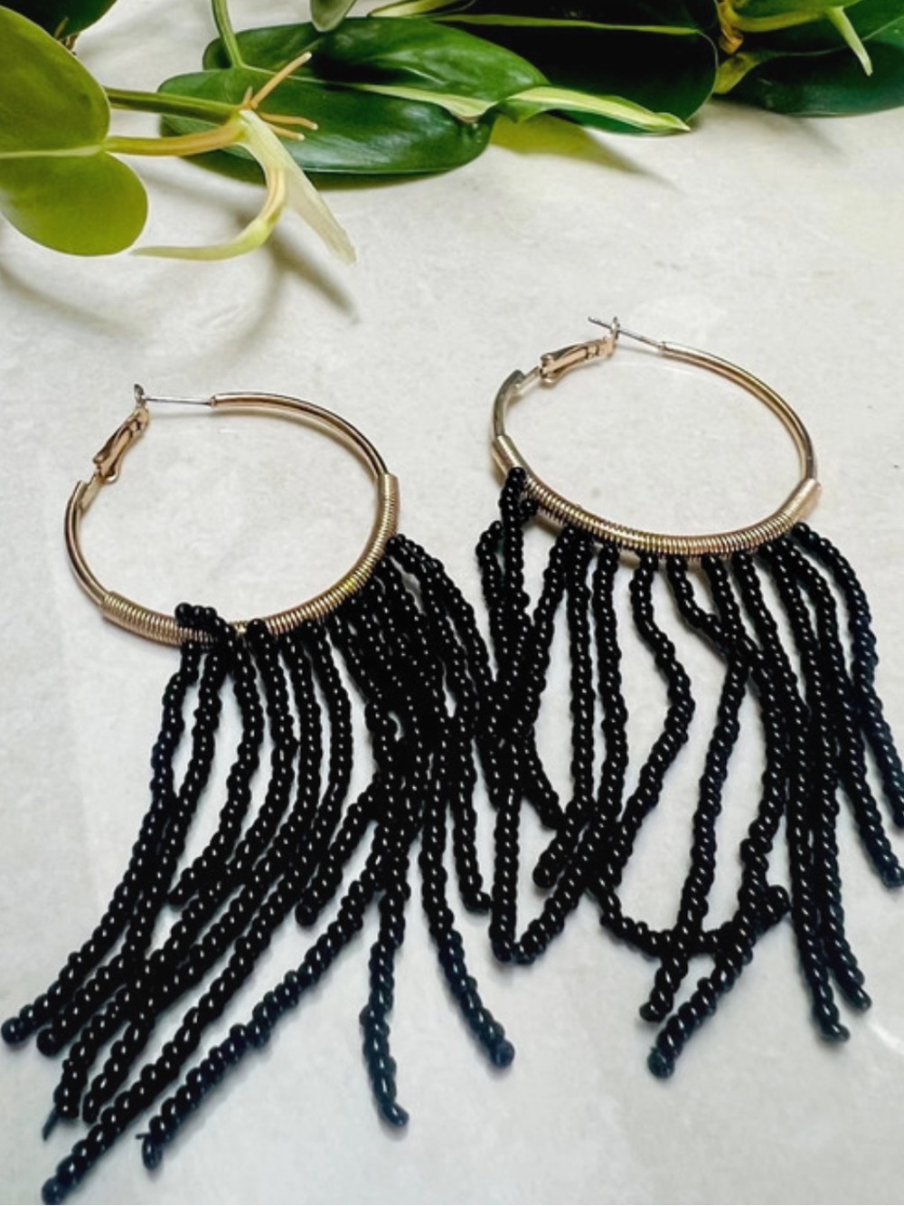 Boho Chic Black Beaded Fringe Gold Toned Hoop Earrings